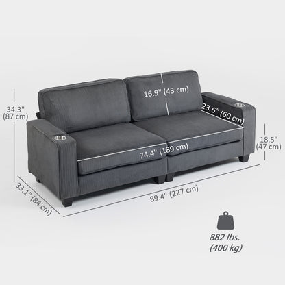 Three Seater Sofa, Fabric 3 Seater Couch with Spring Cushion and Cup Holders for Living Room, Bedroom, Dark Grey