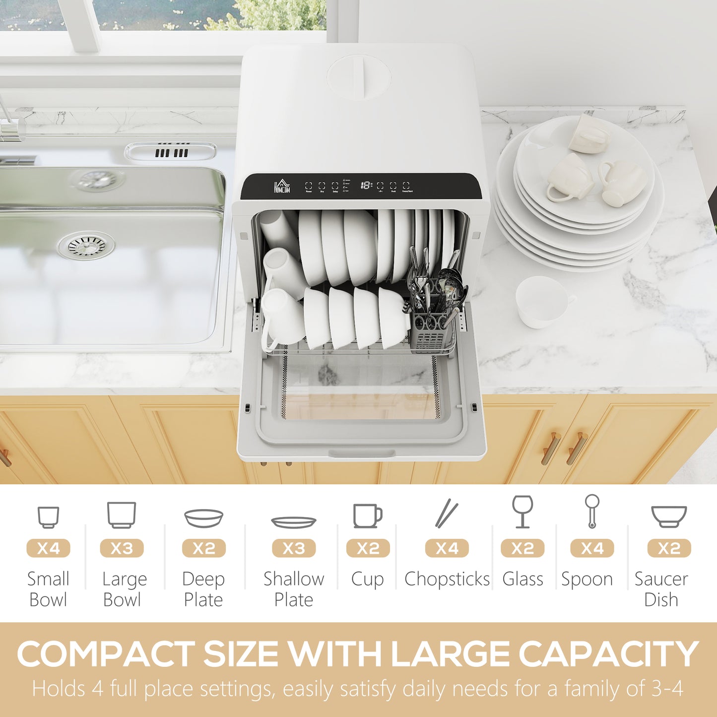 Countertop Dishwasher with Built-in 6L Water Tank, 5 Wash Programs, Touch Control, LED Display, Dual Water Supply, White