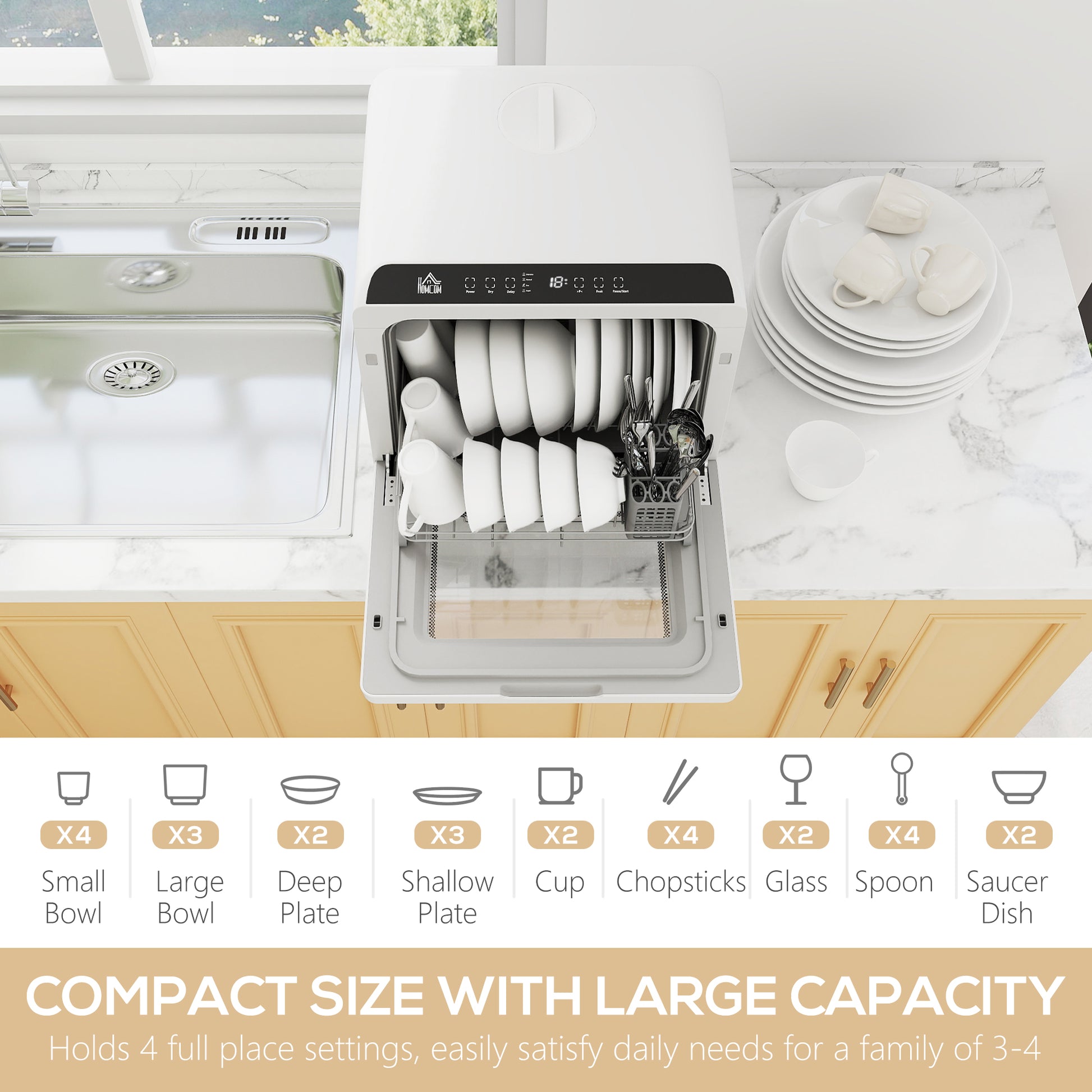 Countertop Dishwasher with Built-in 6L Water Tank, 5 Wash Programs, Touch Control, LED Display, Dual Water Supply, White