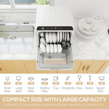 Countertop Dishwasher with Built-in 6L Water Tank, 5 Wash Programs, Touch Control, LED Display, Dual Water Supply, White
