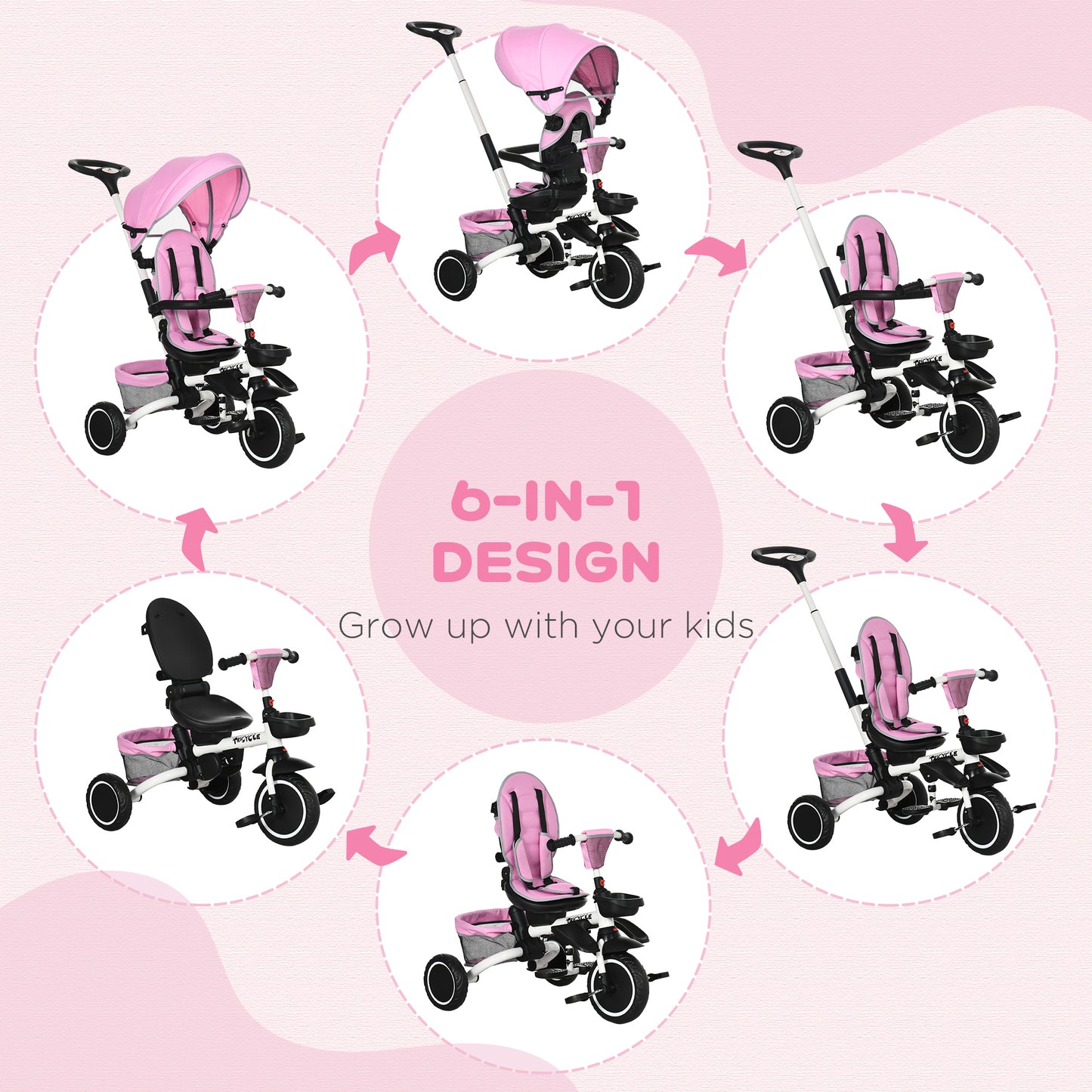 Aosom Tricycle for Toddler 6-in-1 Kids Trike, Foldable Converts Stroller to Baby Push Bike, Adjustable Backrest with Detachable Guardrail & Handle, Brake for 1-4 Years Old, Pink