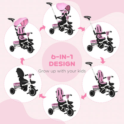 Aosom Tricycle for Toddler 6-in-1 Kids Trike, Foldable Converts Stroller to Baby Push Bike, Adjustable Backrest with Detachable Guardrail & Handle, Brake for 1-4 Years Old, Pink