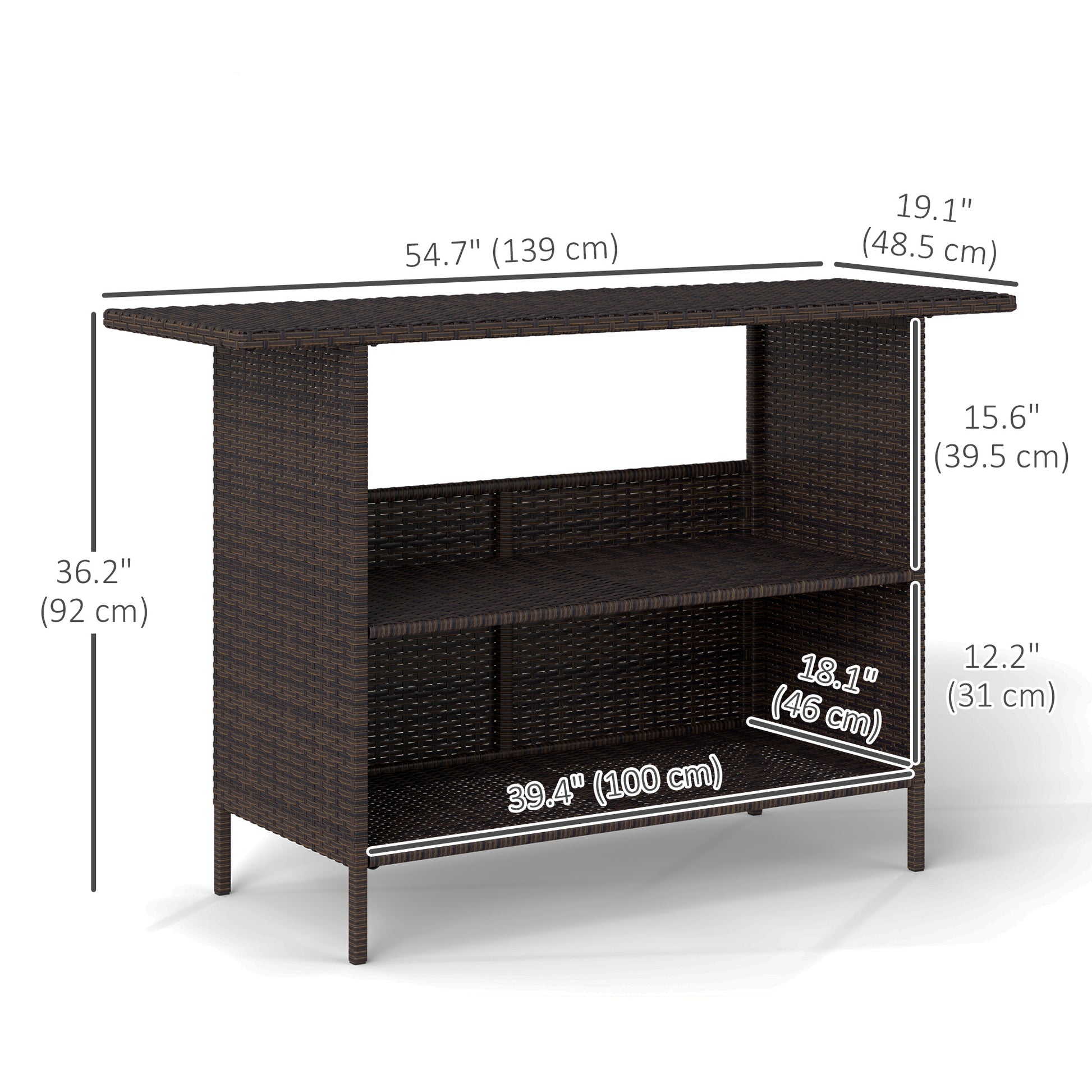 Wicker Outdoor Bar Table, PE Rattan Bar Height Patio Table with 2 Shelves, Steel Frame for Garden, Backyard, Dark Brown