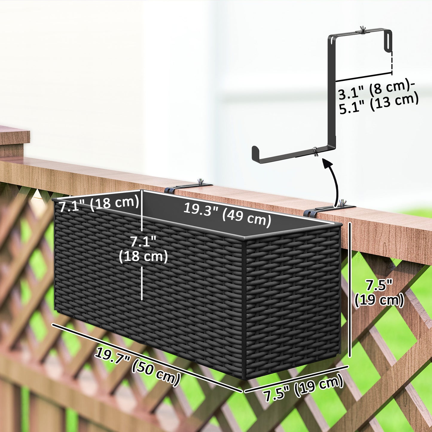 2 Pack 20 Inch Hanging Flower Pots, Railing Planter Box for Fence, Garden, Rattan Look, Black