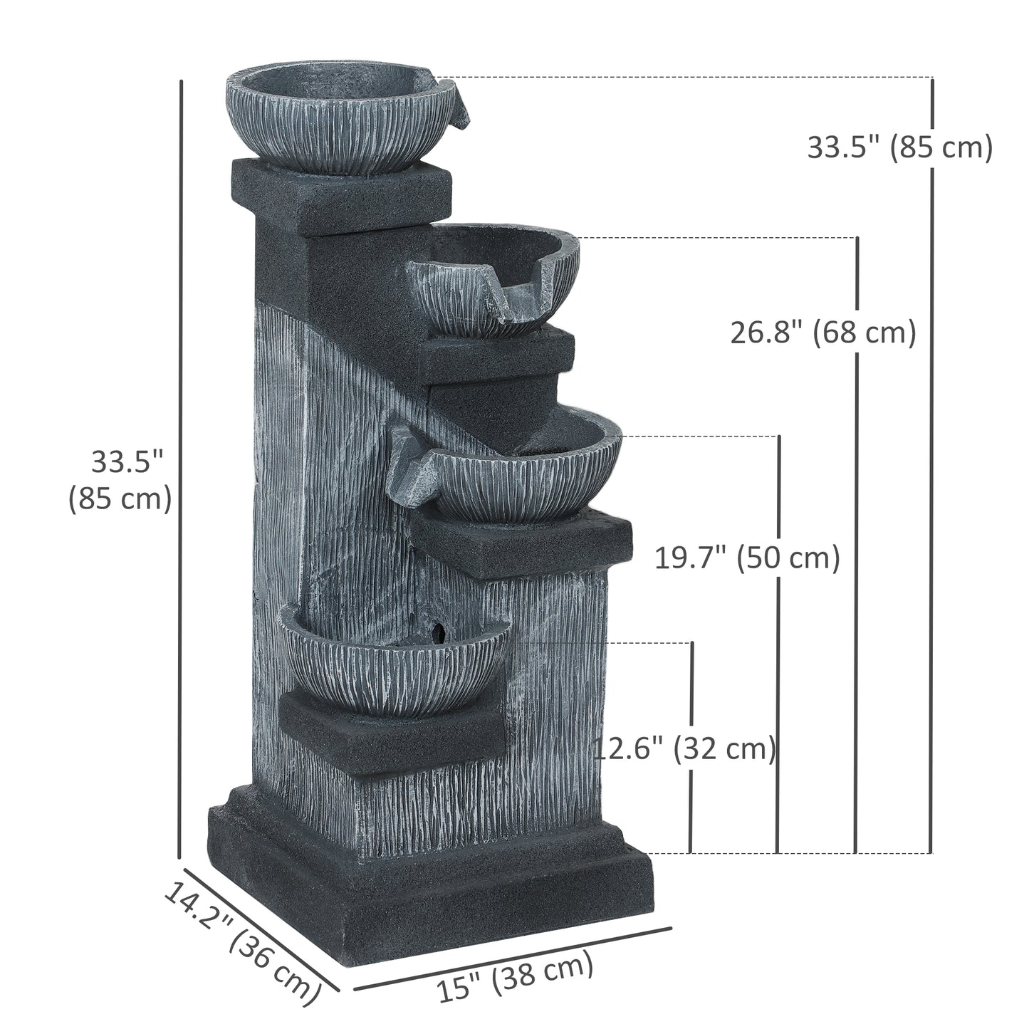 33.5" Water Fountain, 4-Tier Resin Cascading Bowls Outdoor Waterfall Fountain with LED Lights, Pump