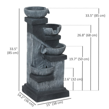 33.5" Water Fountain, 4-Tier Resin Cascading Bowls Outdoor Waterfall Fountain with LED Lights, Pump