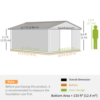 11.2ft x 12.5ft Practical Backyard Garden Storage Tool Shed 4 Ventilation Slots Double Sliding Door, Grey