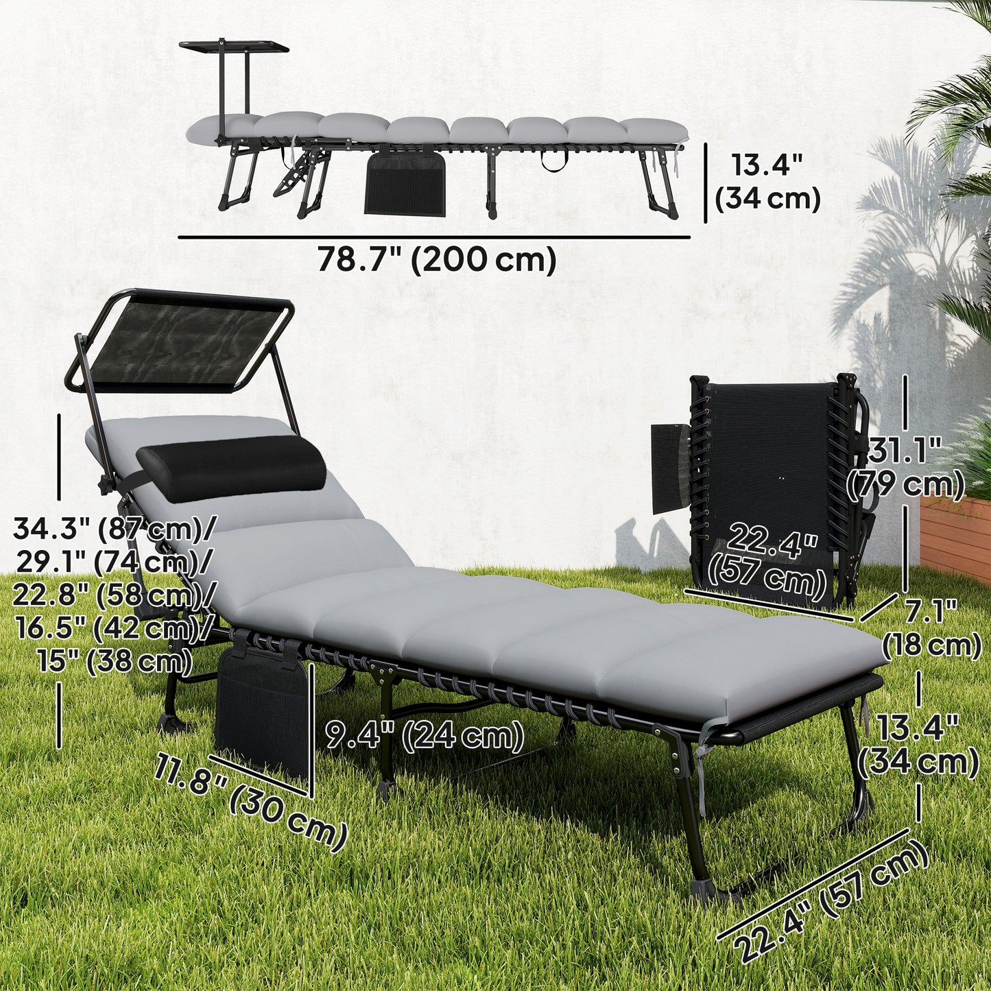 Lounge Chair Outdoor, Folding Chaise Lounge with 5-Level Adjustable Back, Cushion, Side Pocket and Headrest