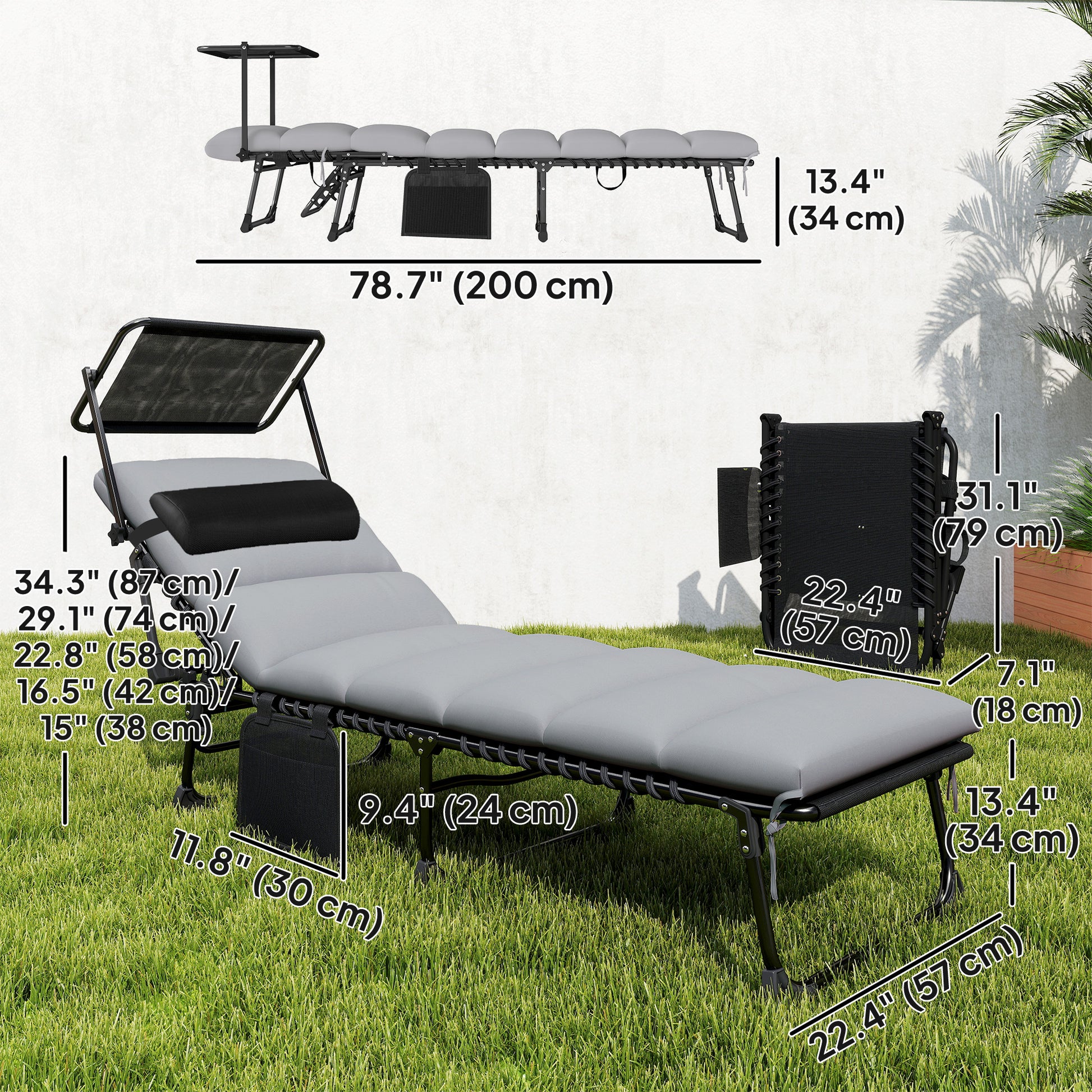 Lounge Chair Outdoor, Folding Chaise Lounge with 5-Level Adjustable Back, Cushion, Side Pocket and Headrest
