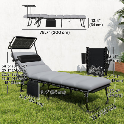 Lounge Chair Outdoor, Folding Chaise Lounge with 5-Level Adjustable Back, Cushion, Side Pocket and Headrest