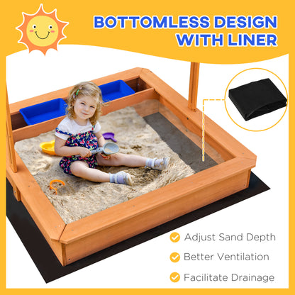 Kids Wooden Sandbox, Children Play Sand Station Outdoor with Adjustable Height Cover Lid, Bottom Liner, Seat, Plastic Basins, for 3-7 Years Old Boys and Girls