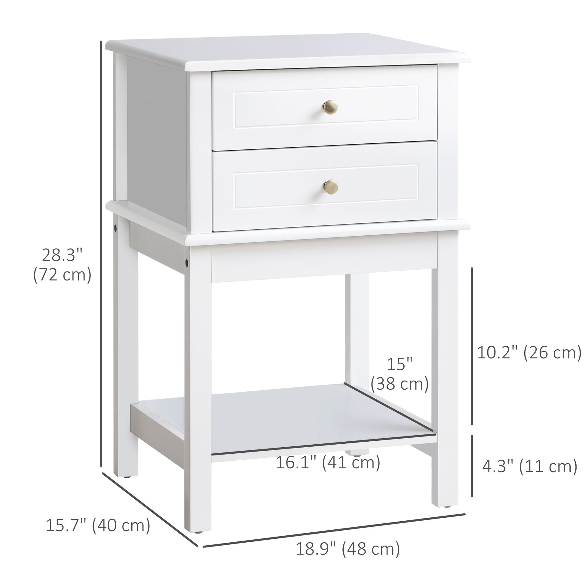 Modern Sofa Side Table, Accent End Table with Drawers and Storage Shelf, Nightstand for Bedroom Living Room, White