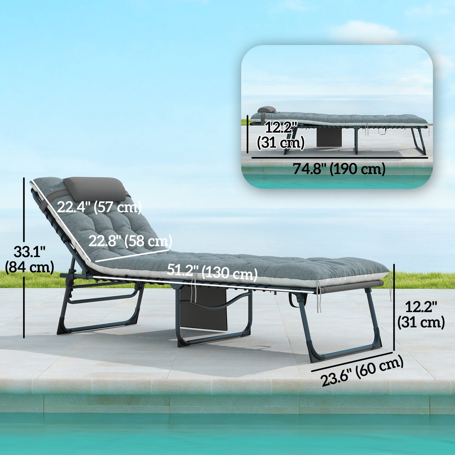 Outdoor Lounge Chair Set of 2, Folding Chaise Lounge Tanning Chair with Cushion, Side Pocket, Grey