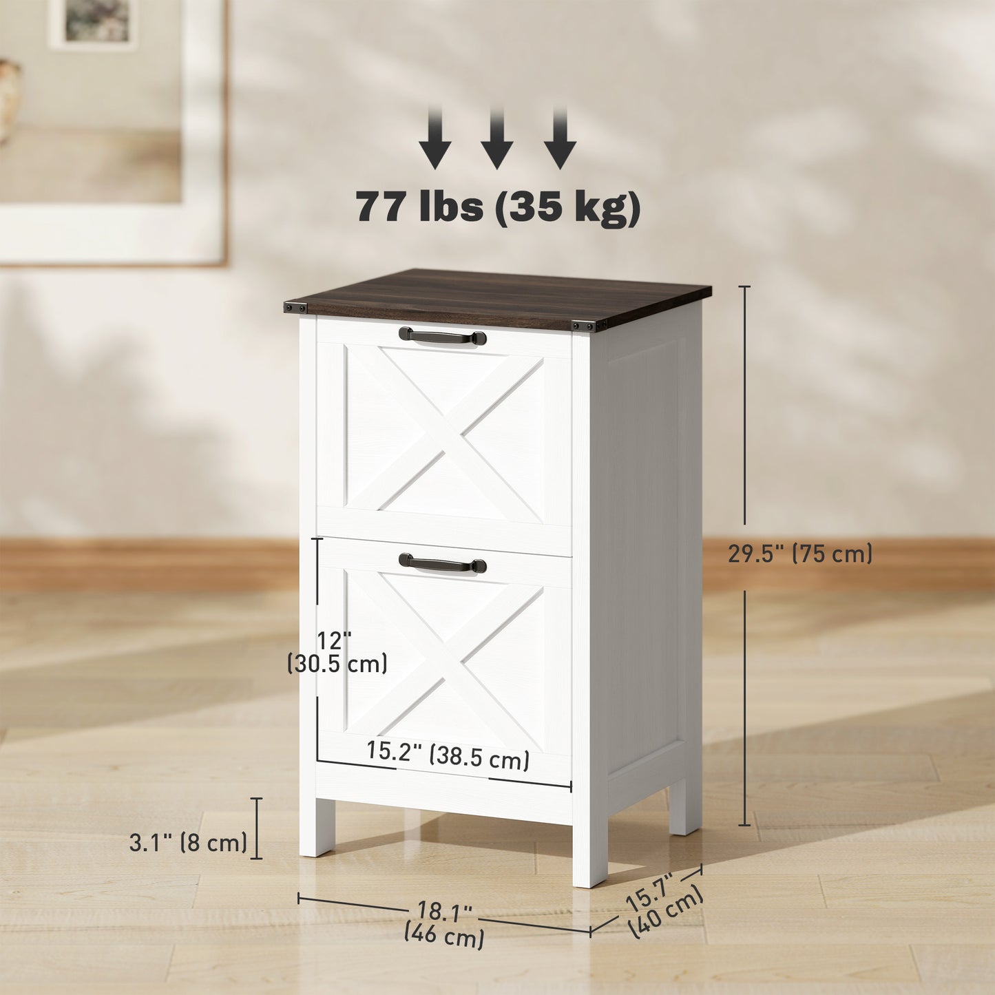 Vertical Filing Cabinet with 2 Drawers, Rustic Farmhouse Office Storage Cabinet for A4, Letter Size, Distressed White