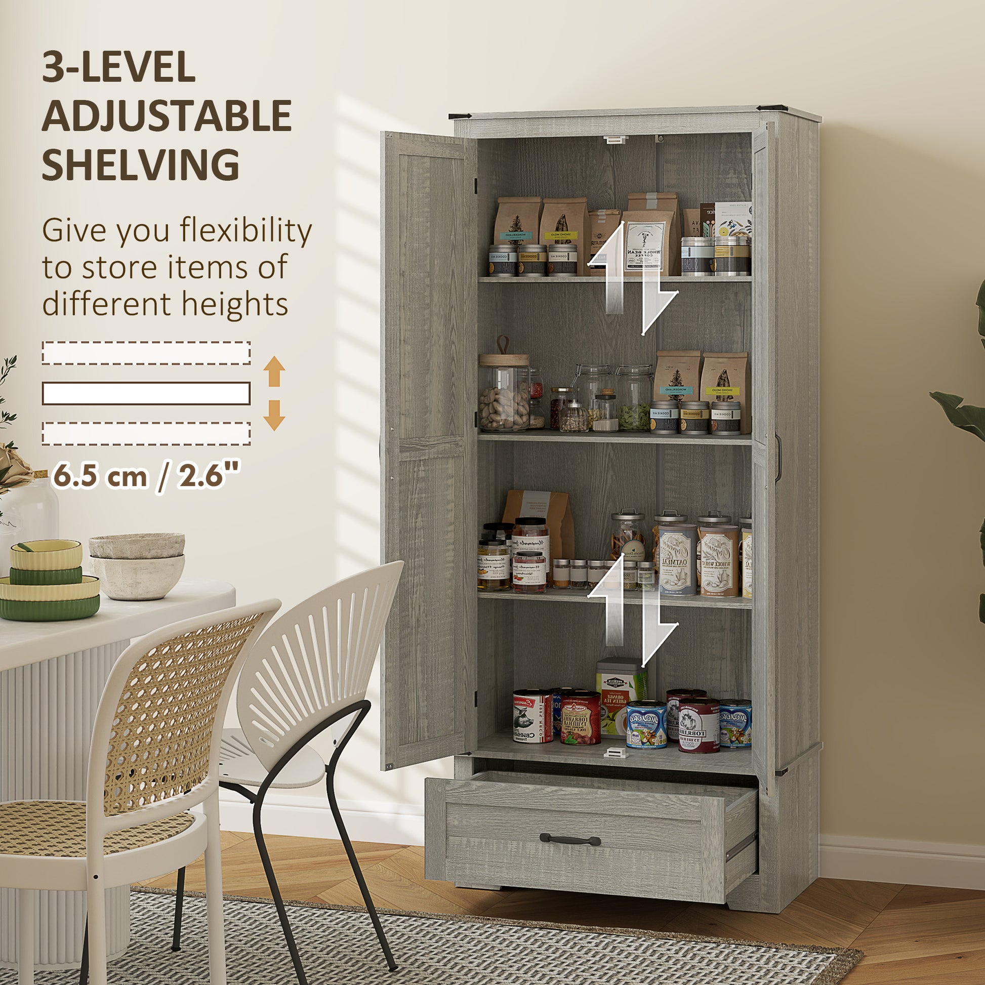 72" Farmhouse Pantry Cabinet with Adjustable Shelves, Kitchen Pantry Cabinet with 2 Doors, Distressed Light Grey