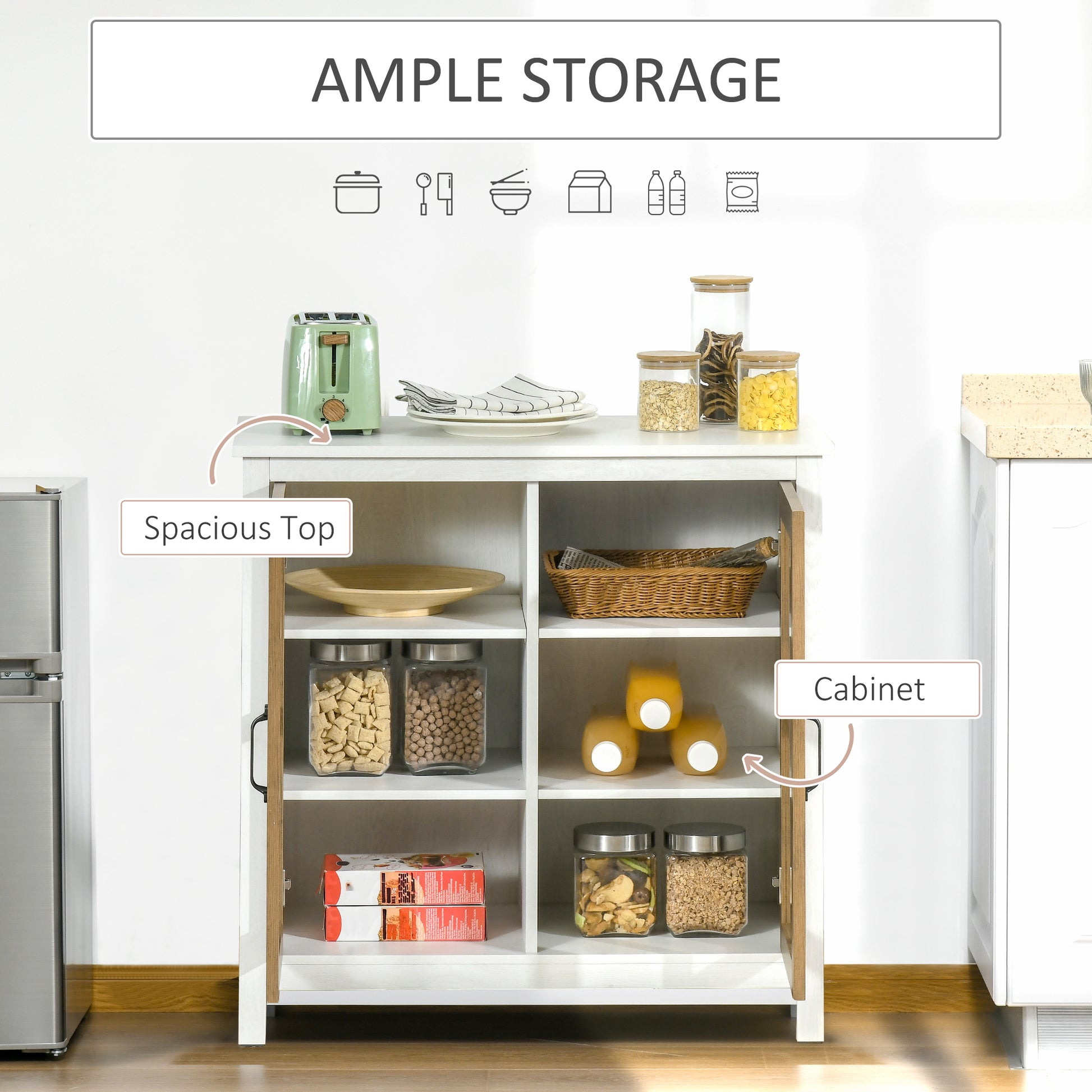 Kitchen Sideboard, Glass Door Buffet Cabinet, Accent Storage Cabinet with 2 Glass Doors and Adjustable Shelf for Dining Room, Living Room, Distressed White
