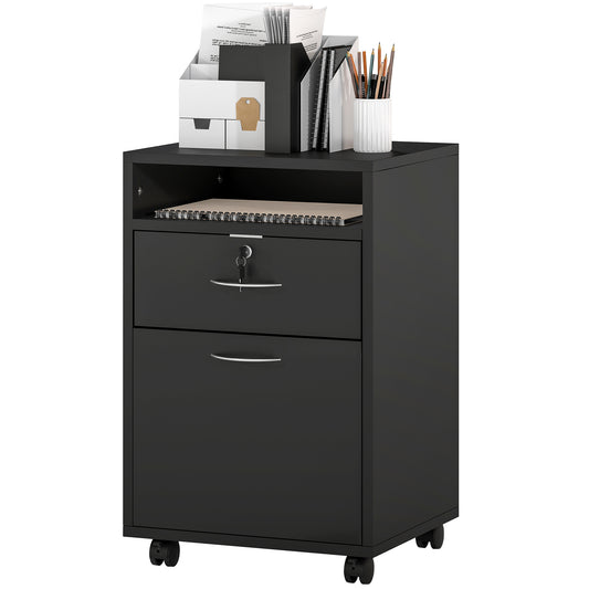 24" Small Filing Cabinet with Open Compartment, Drawer and Wheels, Home Office Storage Cabinet, Black