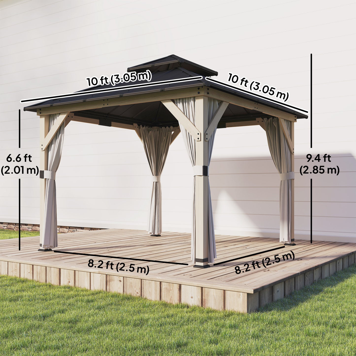 10' x 10' Outdoor Hardtop Gazebo with Double Steel Roof, Wood Patio Gazebo with Curtains, Hook, Light Grey