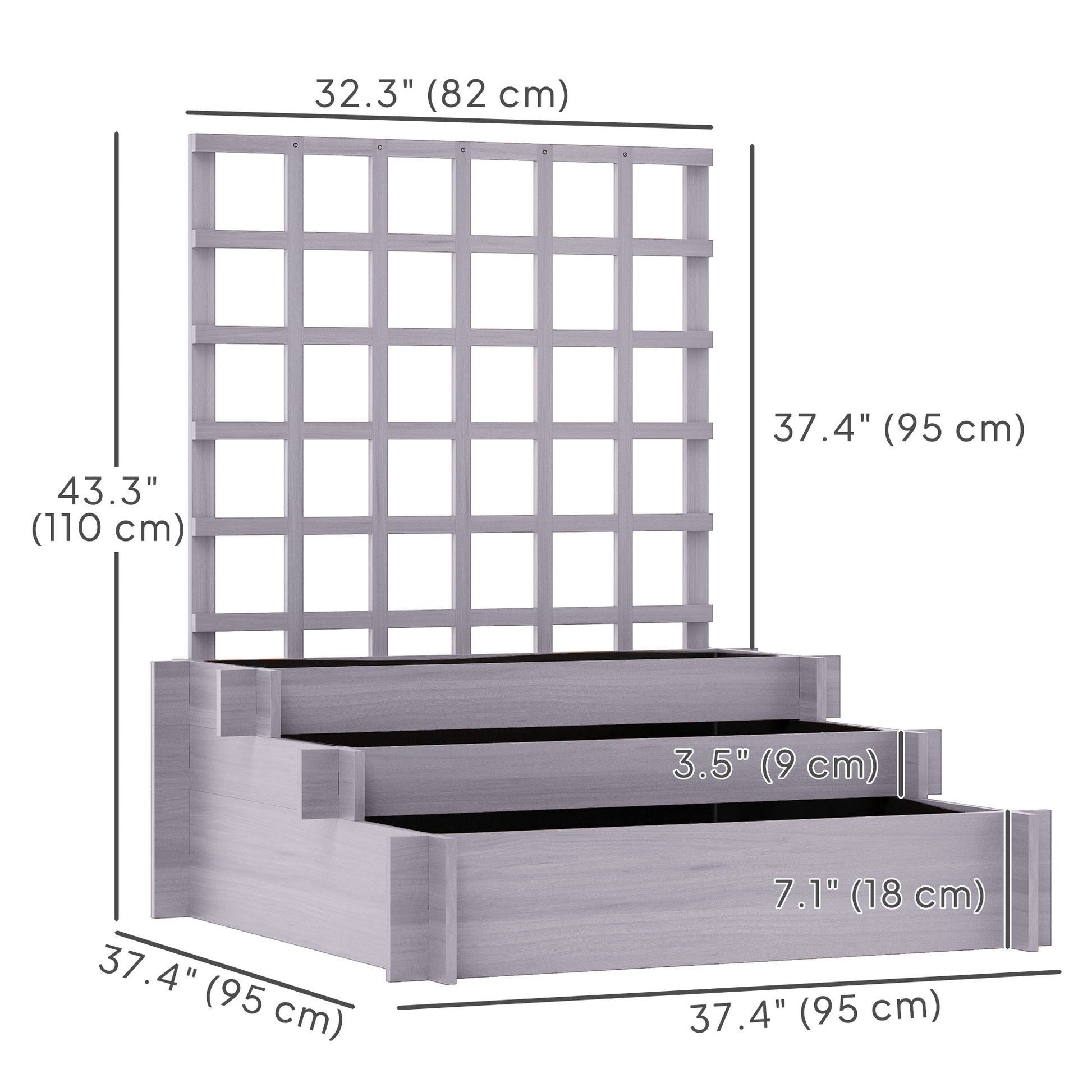 Wooden Elevated Planter Box with Trellis for Climbing Plants, 3 Tier Raised Garden Bed for Garden, Outdoor, Grey