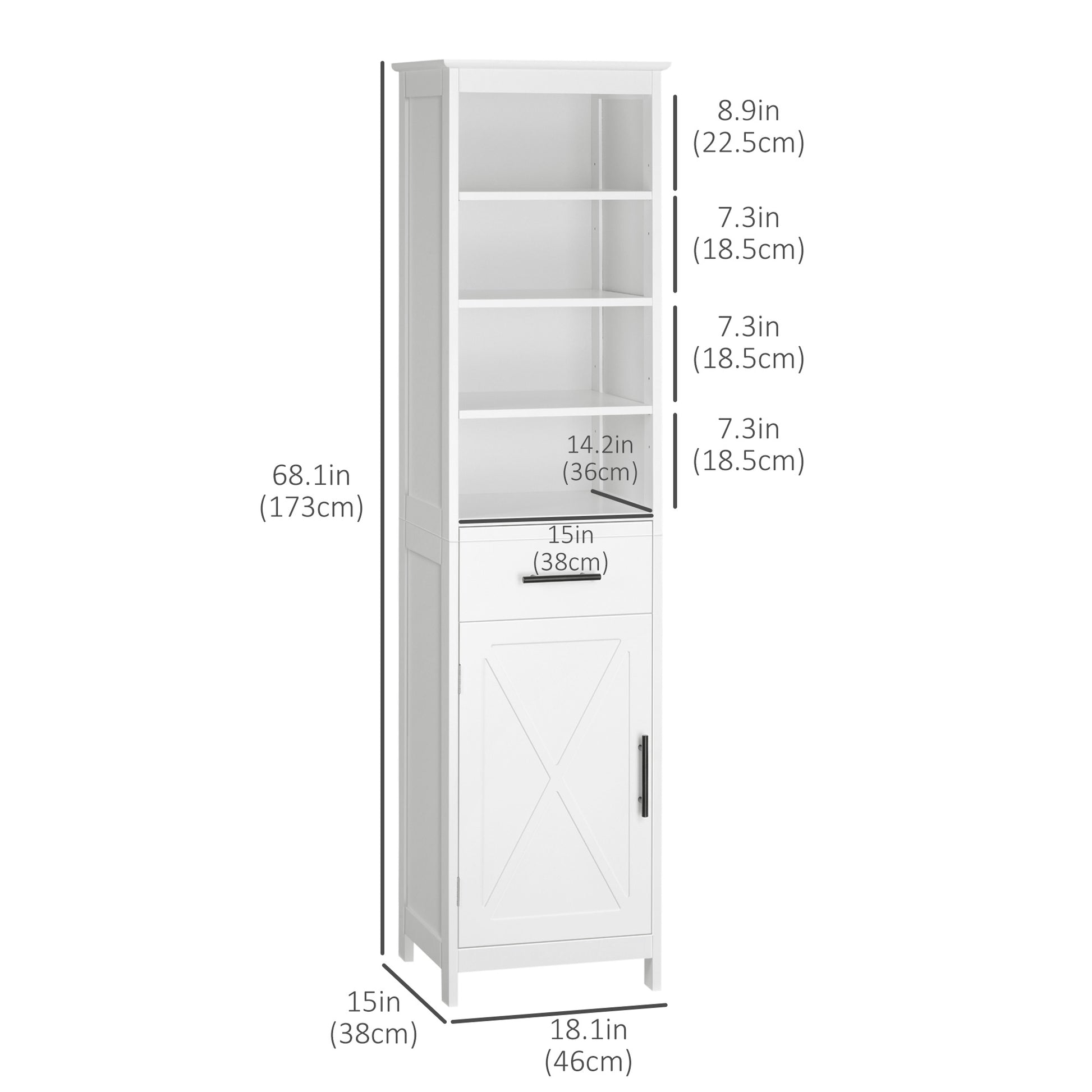 Tall Bathroom Storage Cabinet, Free Standing Bathroom Cabinet Slim Side Organizer w/ 3-Tier Open Shelf, Door, and Drawer, White