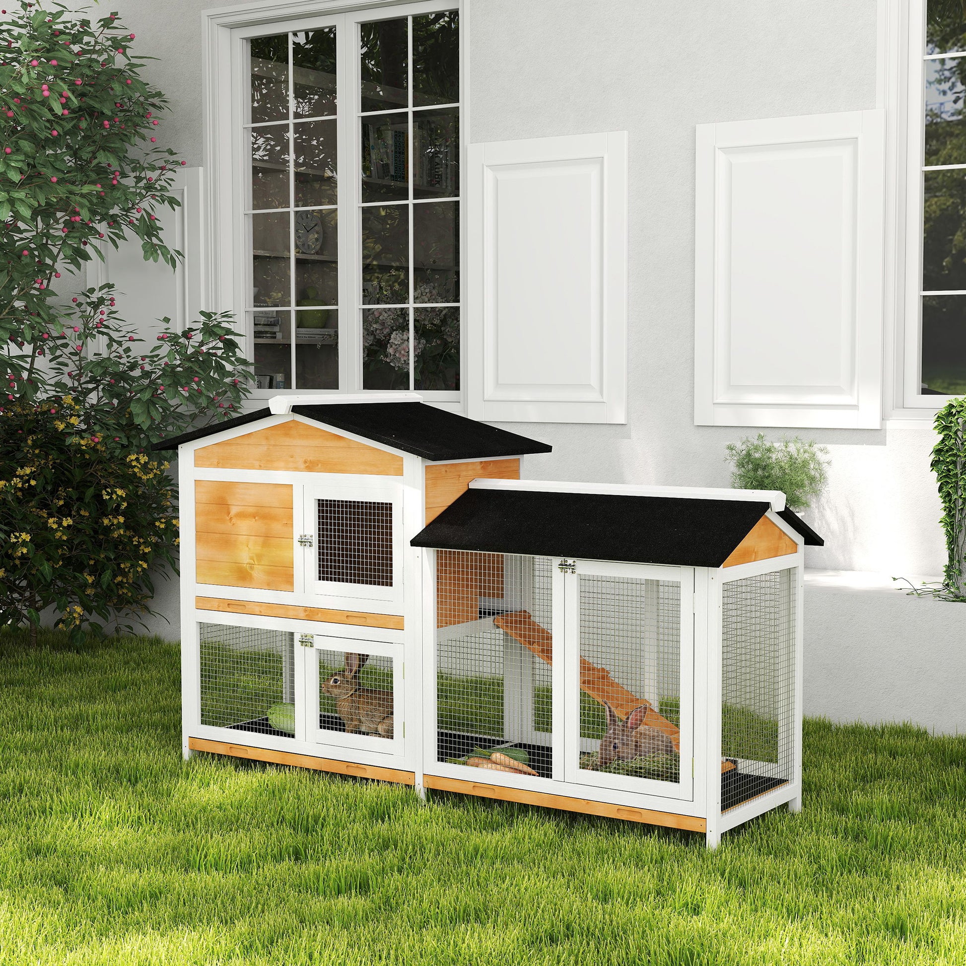 2-tier Wood Rabbit Hutch Backyard Bunny Cage Small Animal House w/ Ramp and Outdoor Run, Yellow