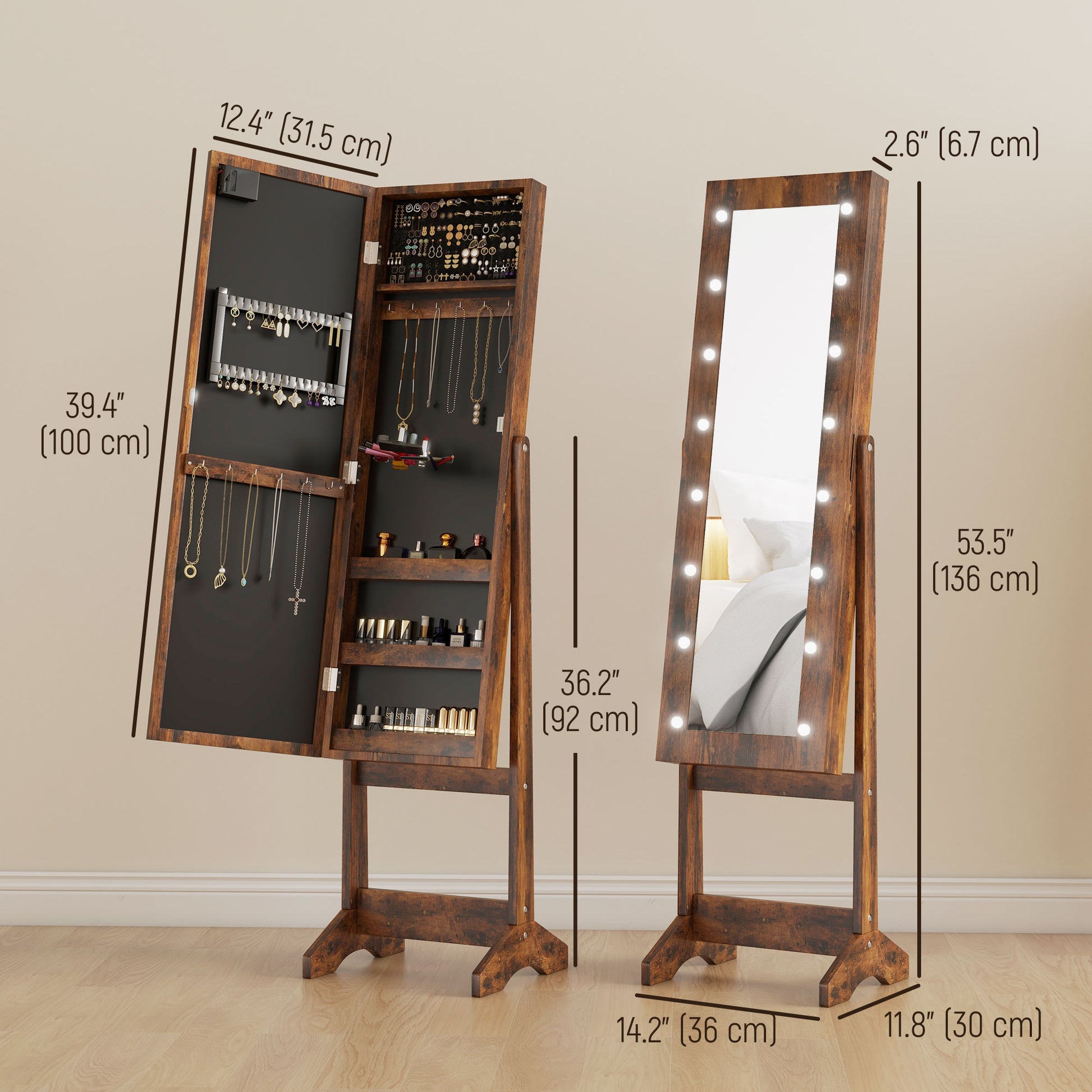 Free Standing Armoire Organizer, Lighted Mirrored Jewelry Cabinet w/ Angle Adjustable & 16 LED Lights Rustic Brown
