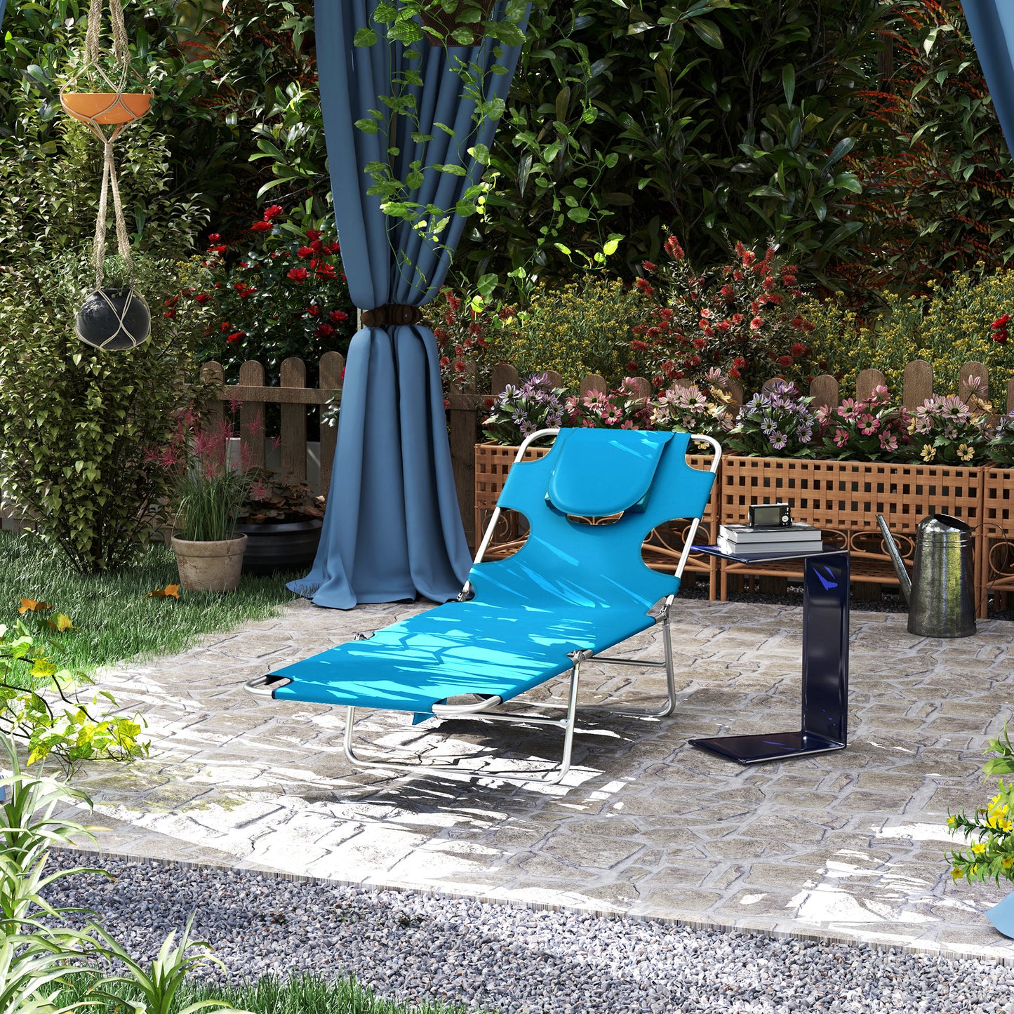 Folding Outdoor Lounge Chair, 5-Level Tanning Chair with Face Hole, Side Pocket, Carry Strap for Beach Pool, Blue