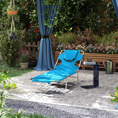 Folding Outdoor Lounge Chair, 5-Level Tanning Chair with Face Hole, Side Pocket, Carry Strap for Beach Pool, Blue