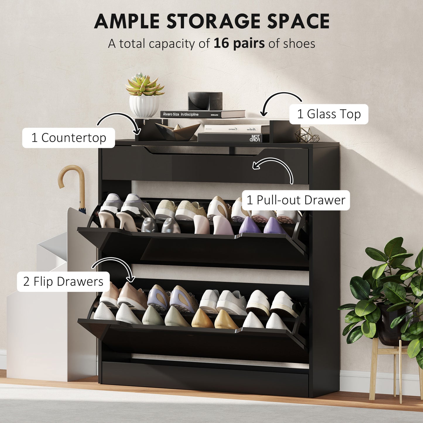 High Gloss Shoe Cabinet with 2 Flip Drawers and Adjustable Shelves, Narrow Shoe Storage Cabinet with Glass Top, Black