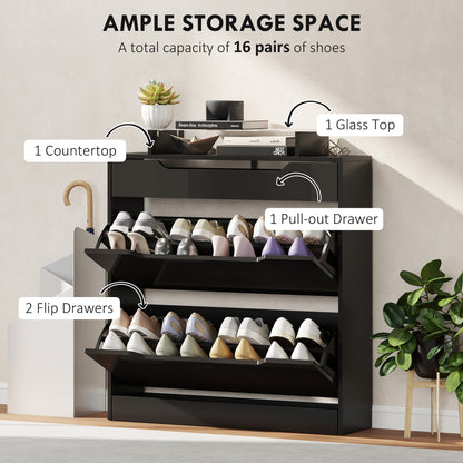 High Gloss Shoe Cabinet with 2 Flip Drawers and Adjustable Shelves, Narrow Shoe Storage Cabinet with Glass Top, Black