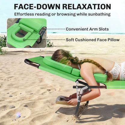 Folding Chaise Lounge Chair, Reclining Beach Tanning Chair with Face Hole, Pillow, 4-Position Adjustable Lay Flat Sun Lounger, Steel Frame for Outdoor Patio Pool, Green