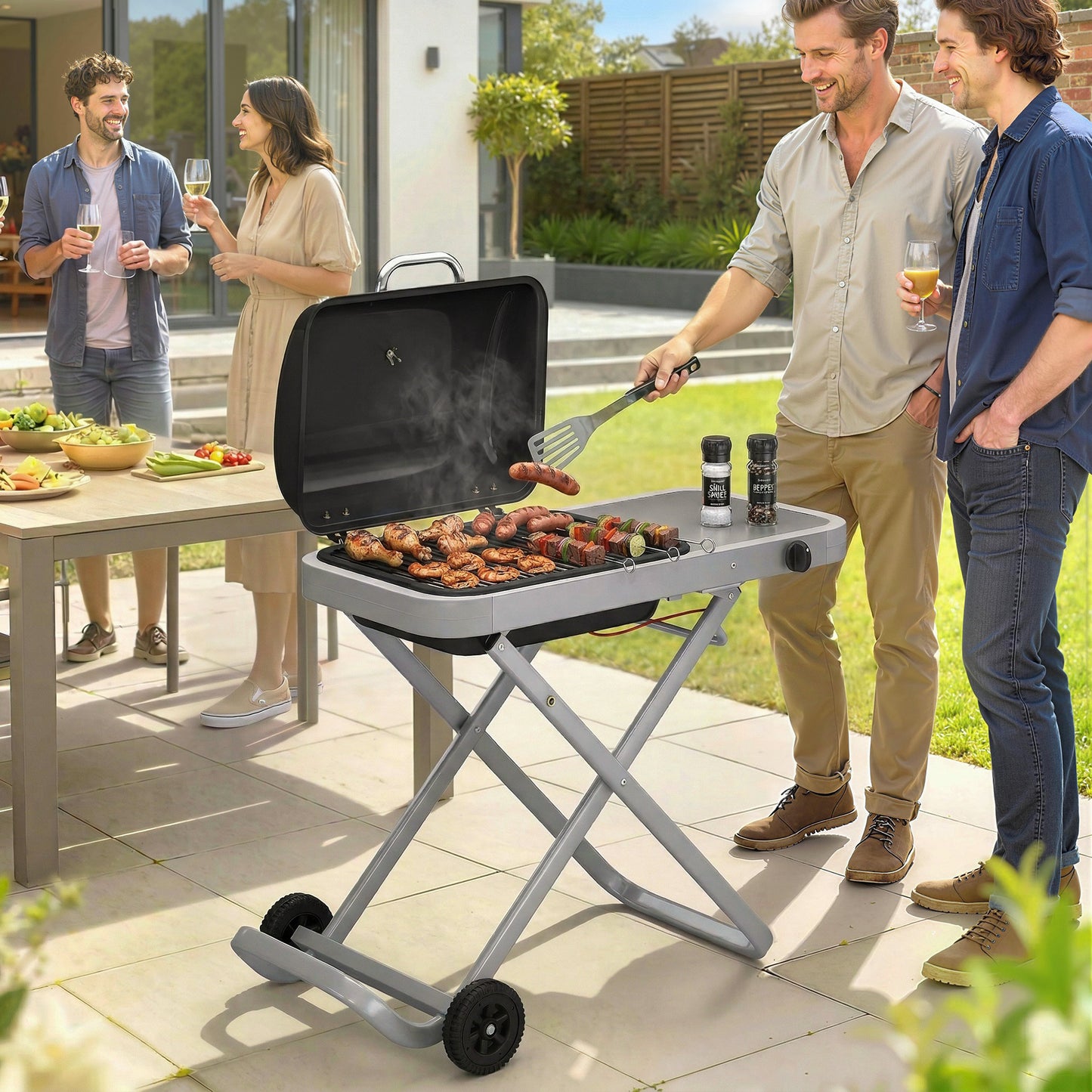 Portable Propane Gas BBQ Grill with Foldable Cart, Wheels, 9500 BTU Gas Barbecue Grill with Piezo Ignition Burner, Black