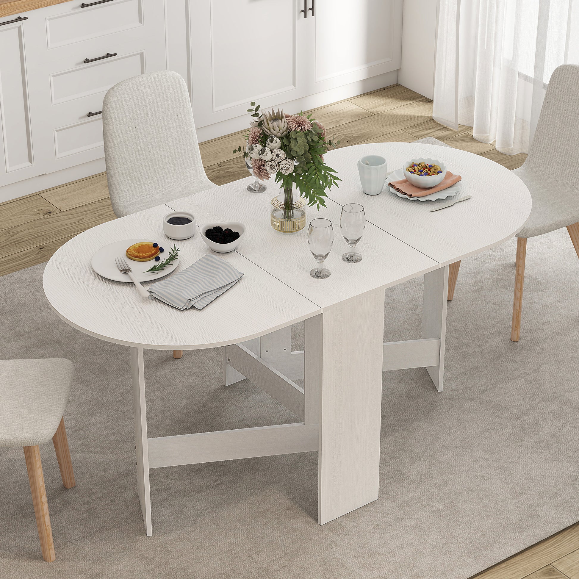 Oval Folding Dining Table, Space Saving Drop Leaf Kitchen Table for Dining Room, Living Room, Distressed White