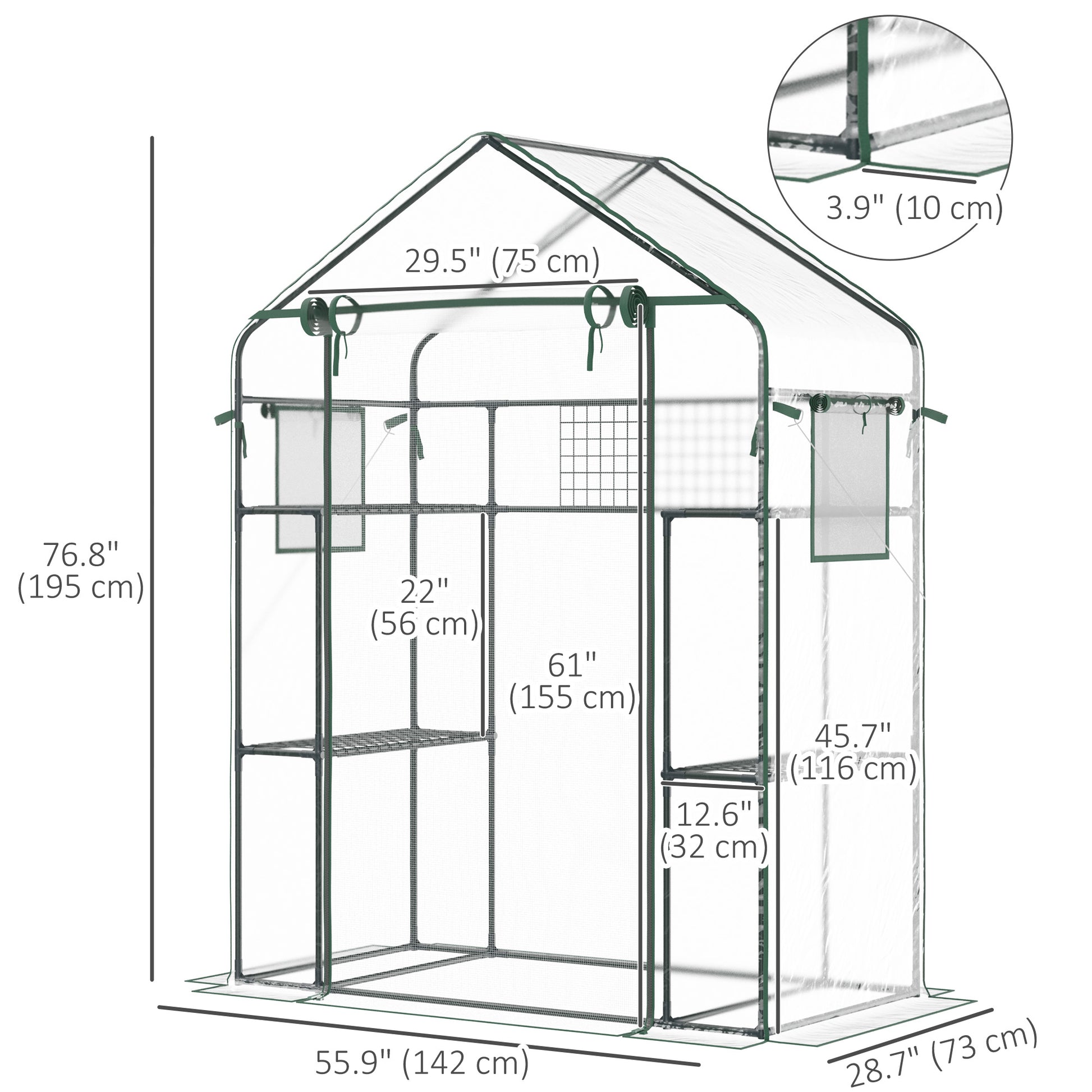 Walk-in Greenhouse with 4 Shelves, 56" x 29" x 77" Mini Greenhouse ,Roll-Up Door, Mesh Windows for Seedling, Flowers, Plant Growing, Clear