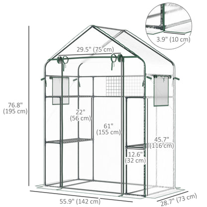 Walk-in Greenhouse with 4 Shelves, 56" x 29" x 77" Mini Greenhouse ,Roll-Up Door, Mesh Windows for Seedling, Flowers, Plant Growing, Clear