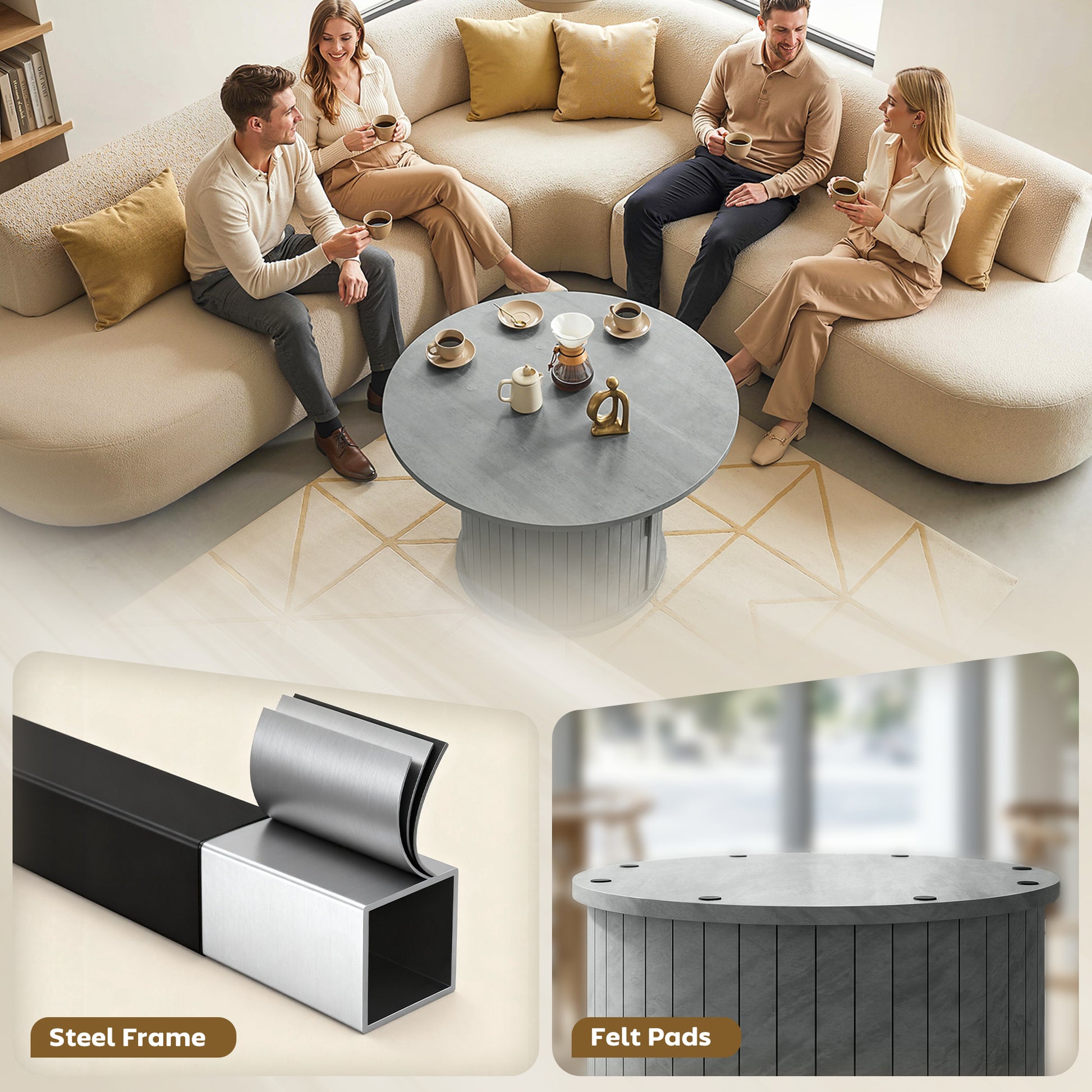 Round Coffee Table, 31.5" Center Table, Cement Grey