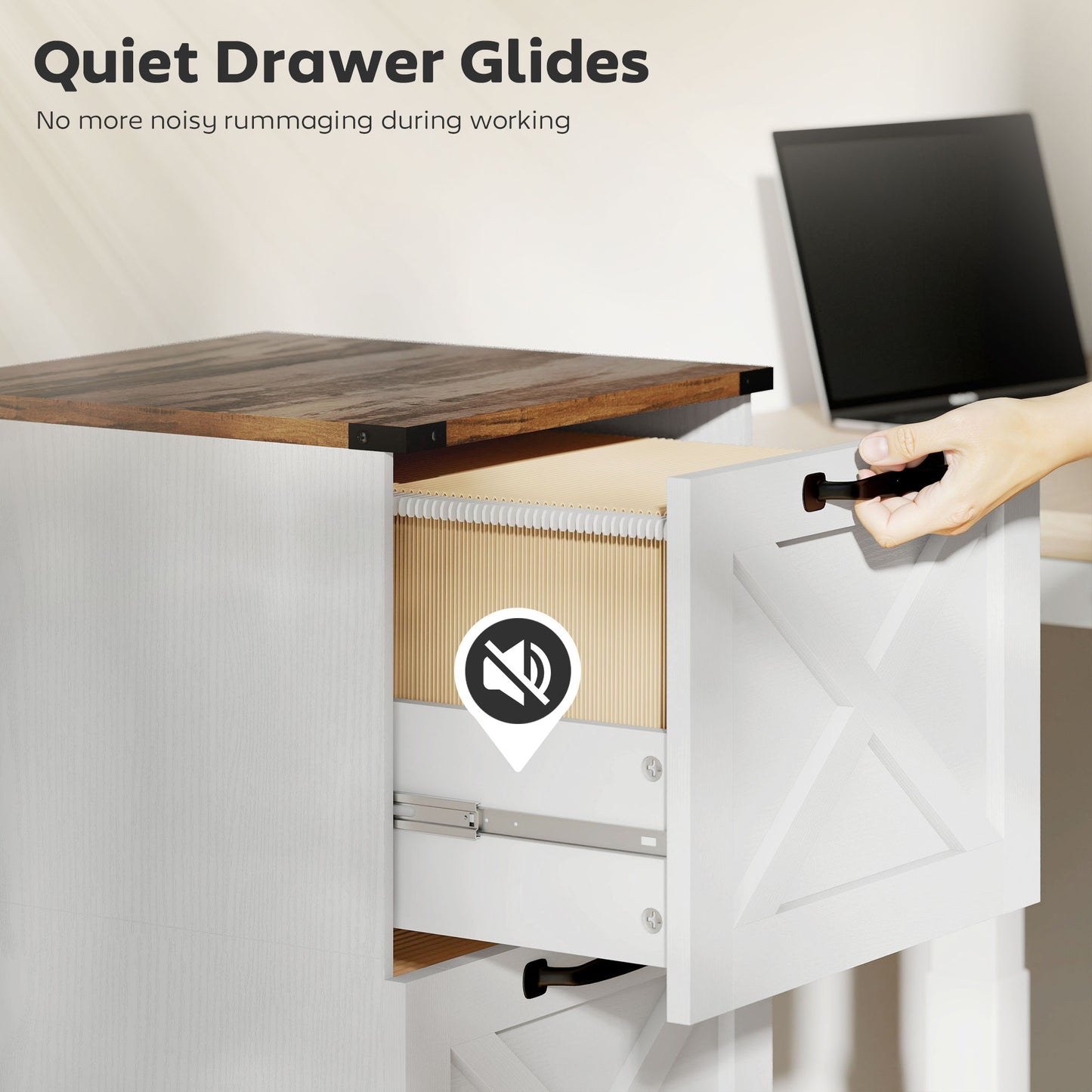 4 Drawer File Cabinet with Silent Slides, Vertical Farmhouse Filing Cabinet Fits Letter/A4 Size Home Office, White