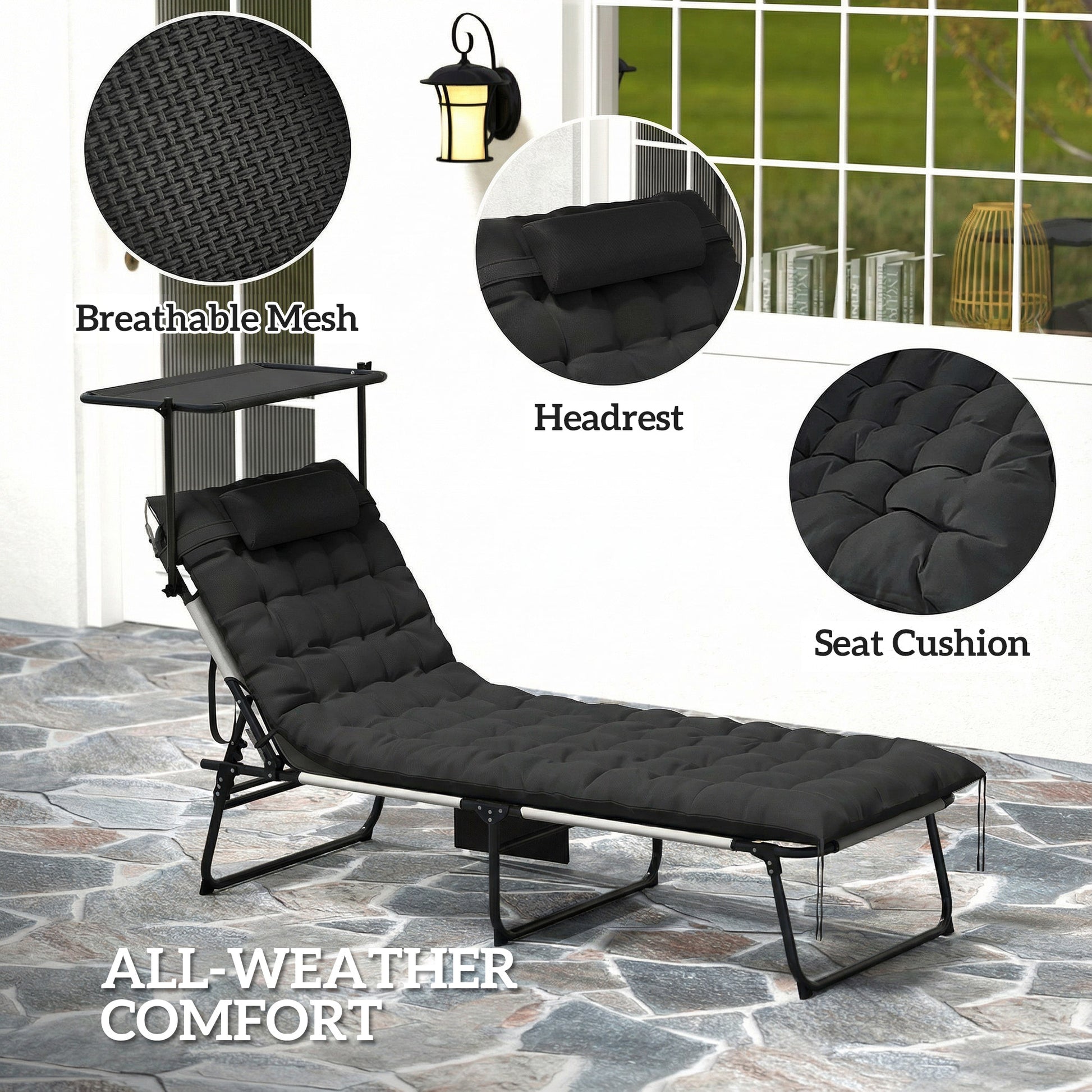 Folding Lounge Chair with Adjustable Canopy, 4-Position Outdoor Tanning Chair with Headrest, Black