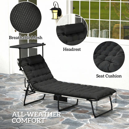 Folding Lounge Chair with Adjustable Canopy, 4-Position Outdoor Tanning Chair with Headrest, Black