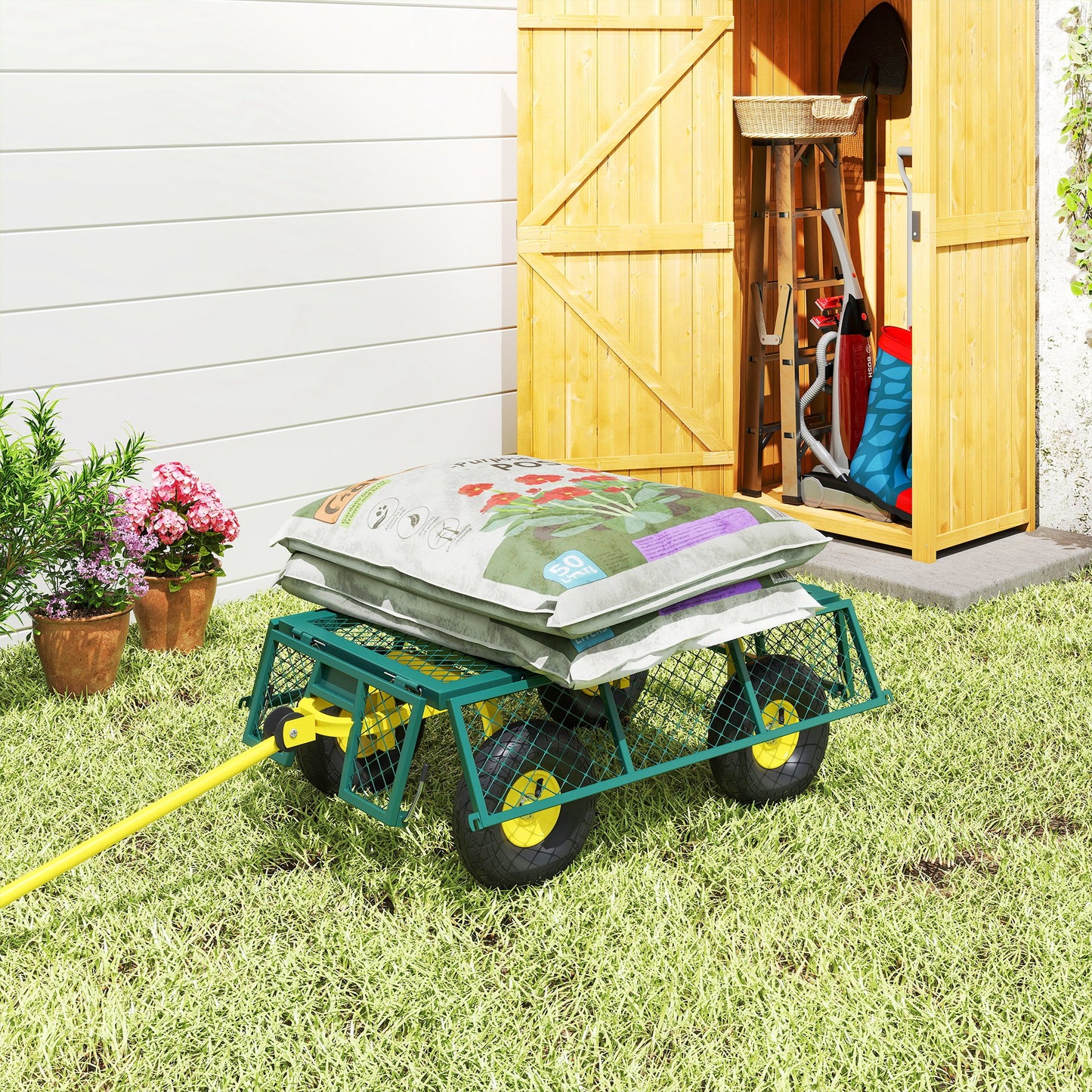 Garden Cart, Utility Wagon Cart with Removable Sides, Convert into Flatbed, 10" Wheels, 180° Rotating Handle, Green