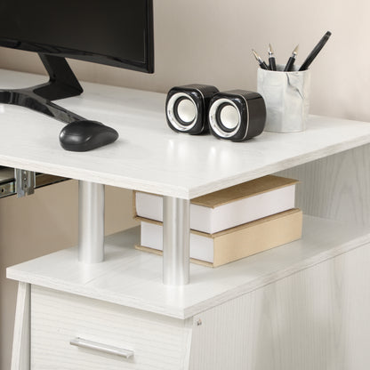 47" Computer Desk with Keyboard Tray and Storage Drawers, Home Office Workstation Table with Storage Shelves, White