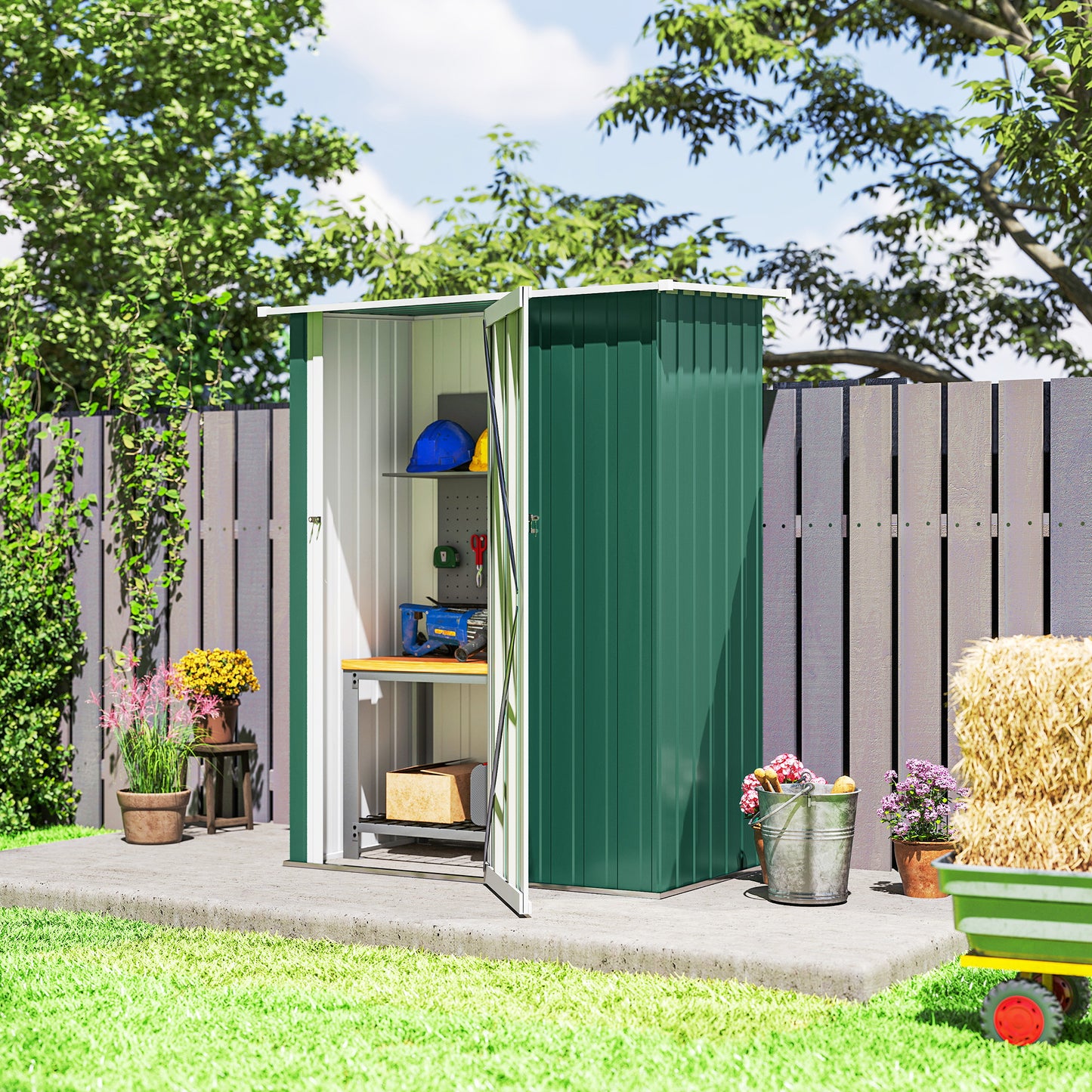 5 x 3ft Outdoor Storage Shed Metal Garden Shed Cabanon with Sloped Roof, Lockable Door for Tool, Green