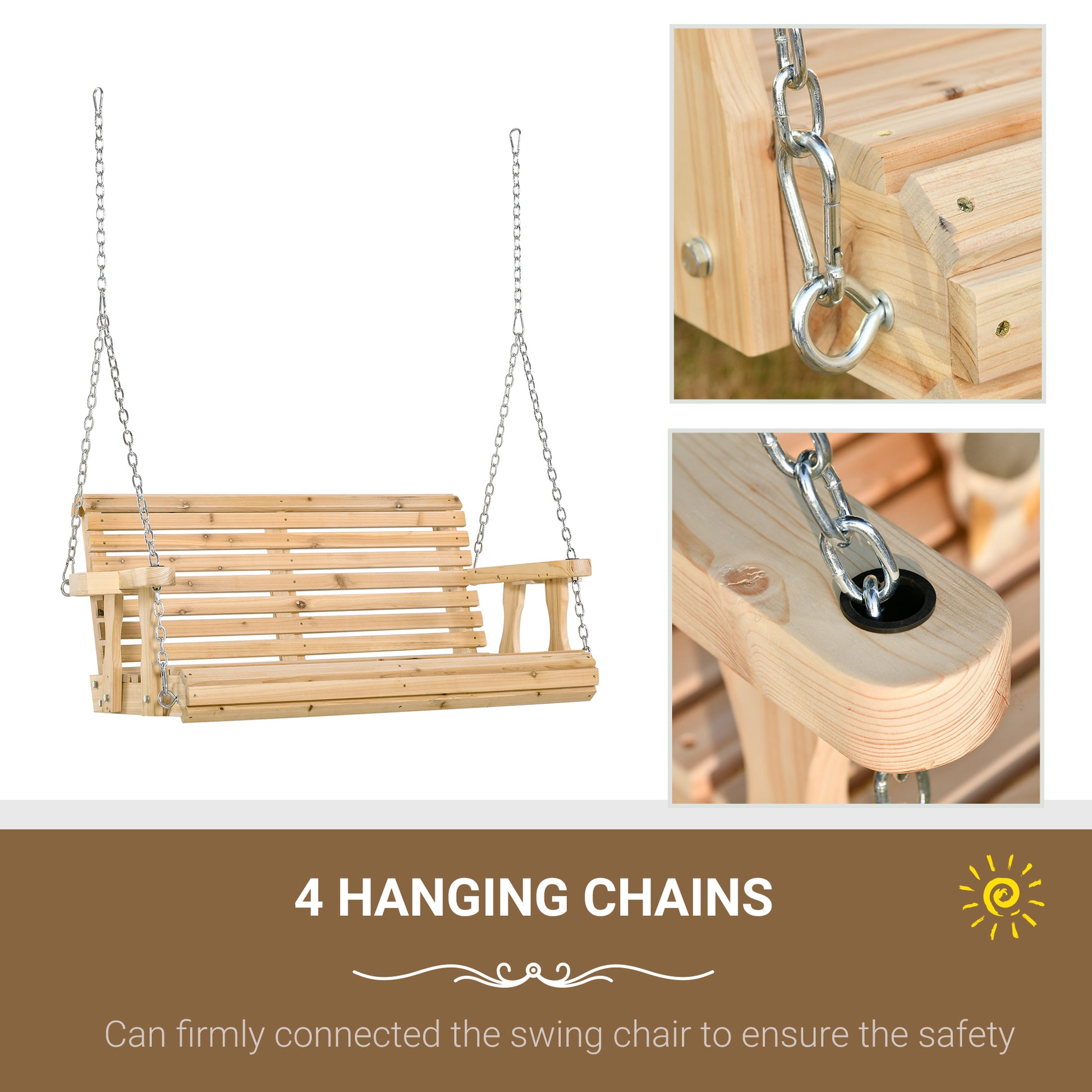 2 Seater Porch Swing Wooden Patio Swing Chair Seat with Cup Holder and Chains Outdoor Swing Bench for Garden Yard, Natural