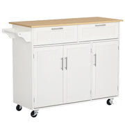 48" Kitchen Island with Storage and Solid Wood Top, Rolling Kitchen Cart on Wheels with 2 Storage Drawers, 3 Doors and Towel Rack for Dining Room, White