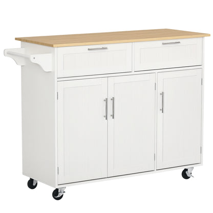 48" Kitchen Island with Storage and Solid Wood Top, Rolling Kitchen Cart on Wheels with 2 Storage Drawers, 3 Doors and Towel Rack for Dining Room, White
