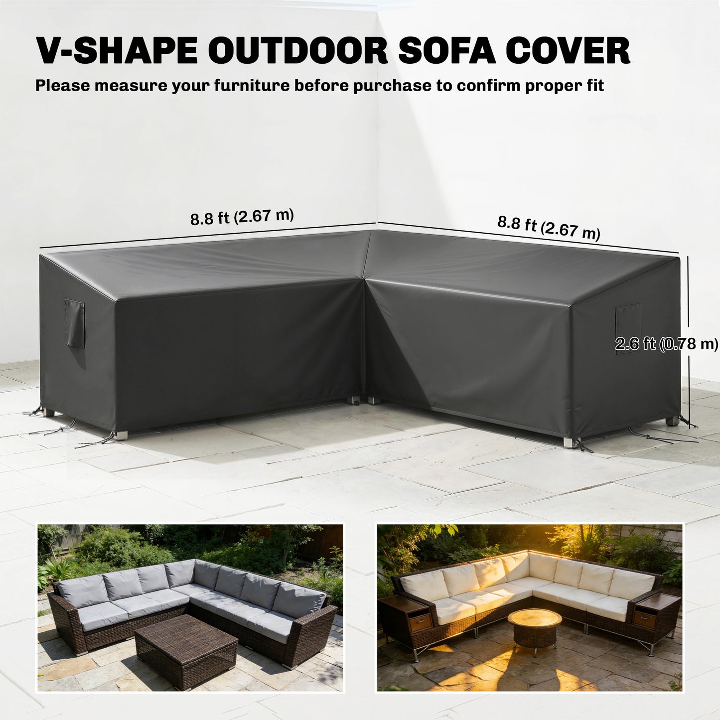 V-Shaped Patio Furniture Cover, Waterproof Outdoor V-Shaped Sectional Sofa Cover with Air Vent, 105" x 105", Black