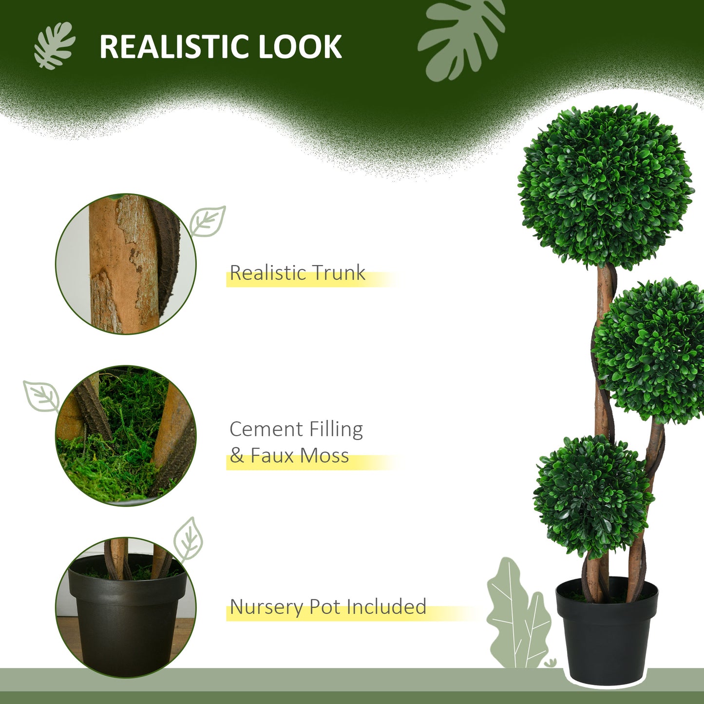 3.6ft Artificial Tree, Triple Ball Boxwood Topiary with Pot and Sandalwood Leaves, for Indoor Outdoor Home