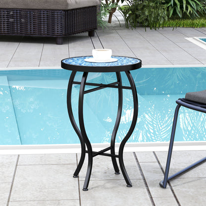 Round Outdoor Table, Patio Bistro Coffee Table with Mosaic Top and Steel Frame for Garden