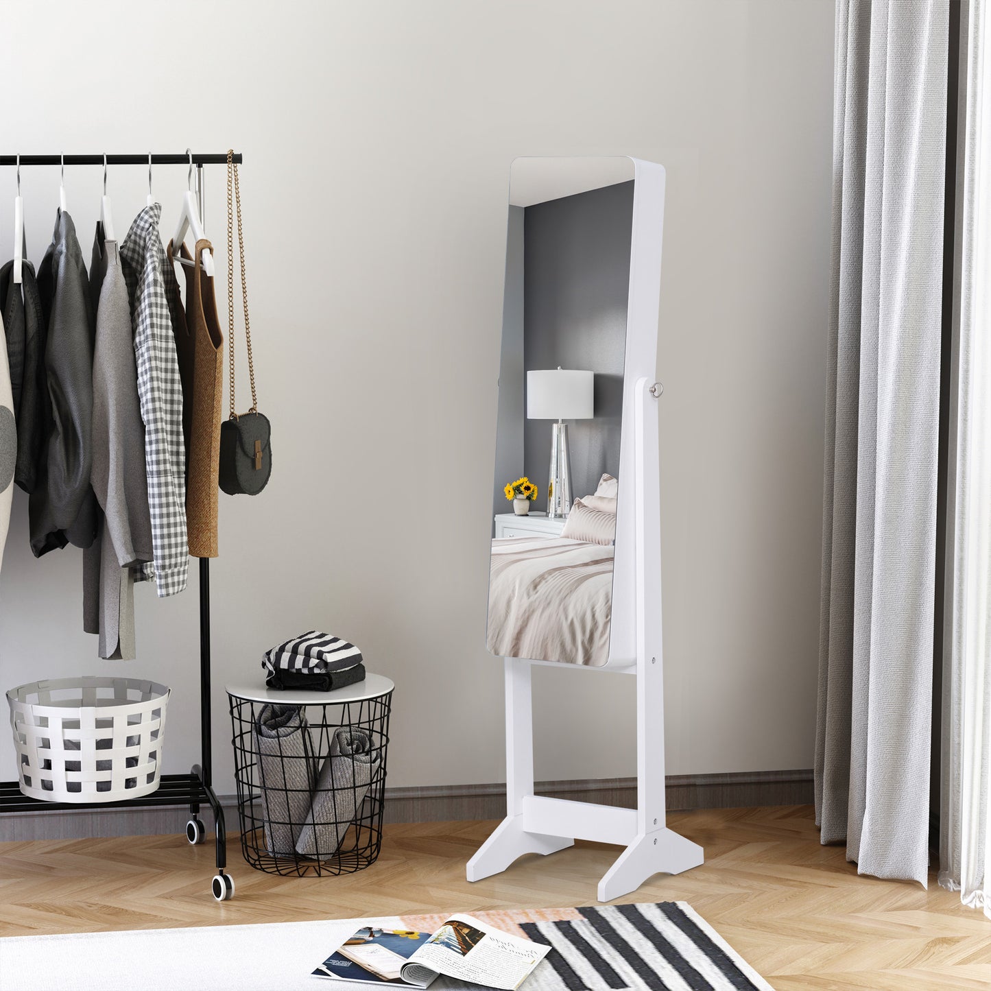 Freestanding Mirror Jewelry Cabinet Armoire, LED Lighted Jewelry Organizer with Stand, Angle Adjustable, White