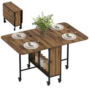 Folding Dining Table, Extendable Kitchen Table for Small Spaces with Storage Shelf and 6 Wheels, Brown Wood Grain